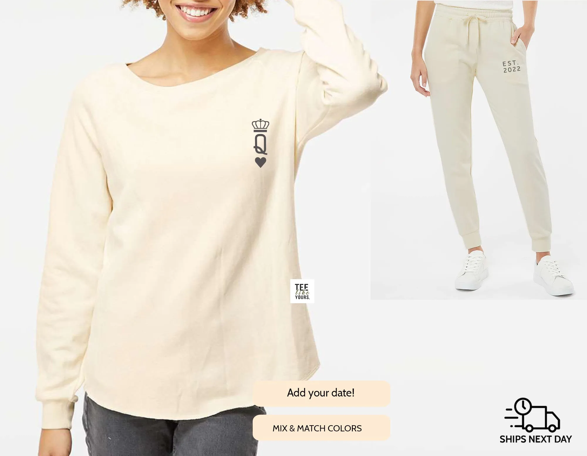 Personalized King & Queen Couple Matching Set, Print on Sweatshirt and Sweatpants Set, Wife and Husband Set, Joggers gift for Couples