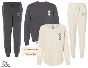 Personalized King & Queen Couple Matching Set, Print on Sweatshirt and Sweatpants Set, Wife and Husband Set, Joggers gift for Couples