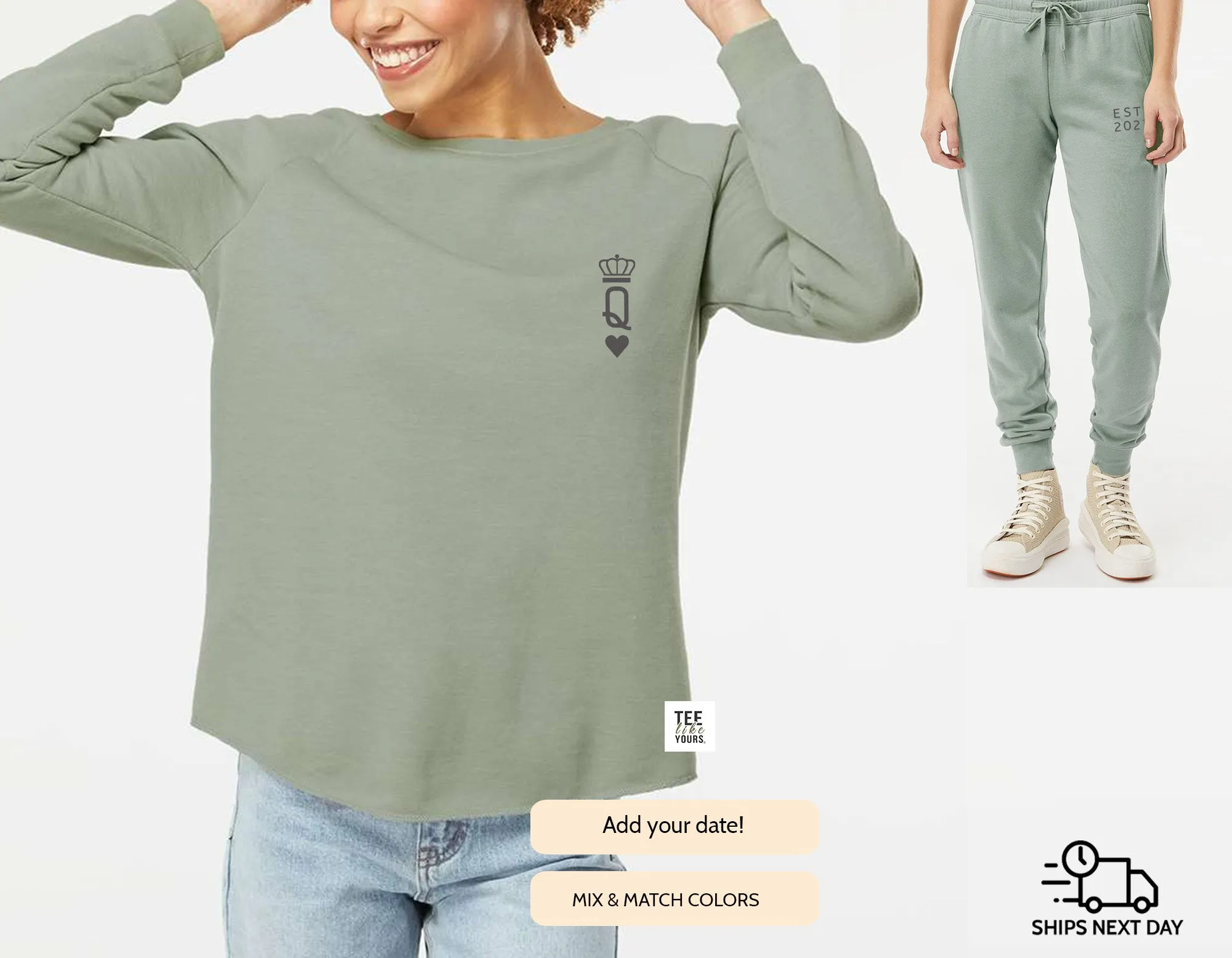Personalized King & Queen Couple Matching Set, Print on Sweatshirt and Sweatpants Set, Wife and Husband Set, Joggers gift for Couples