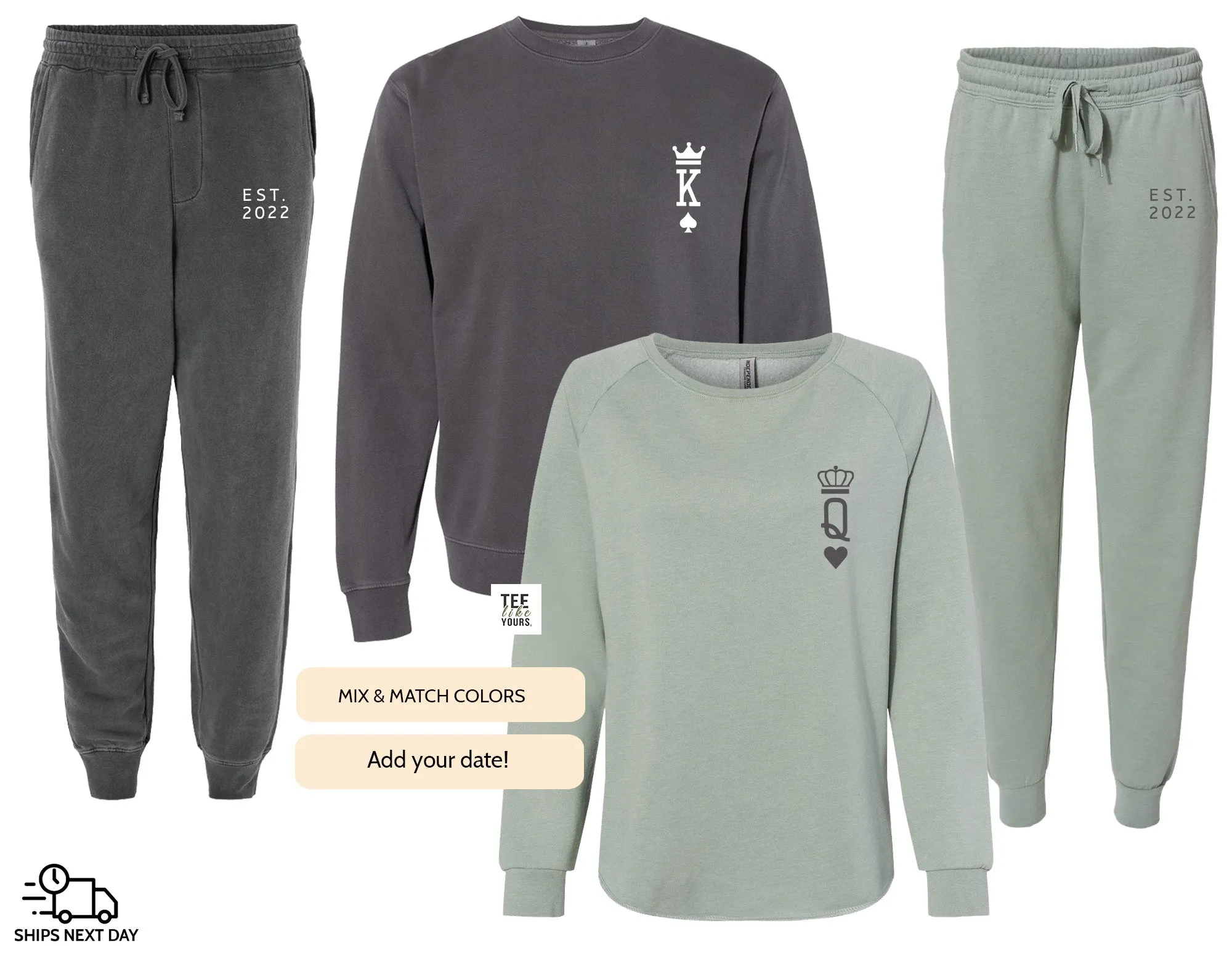 Personalized King & Queen Couple Matching Set, Print on Sweatshirt and Sweatpants Set, Wife and Husband Set, Joggers gift for Couples