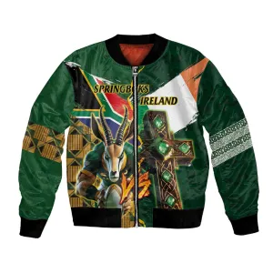 Personalized South Africa Versus Ireland Rugby Bomber Jacket - Springbok Mascot, Celtic Cross Design LT03