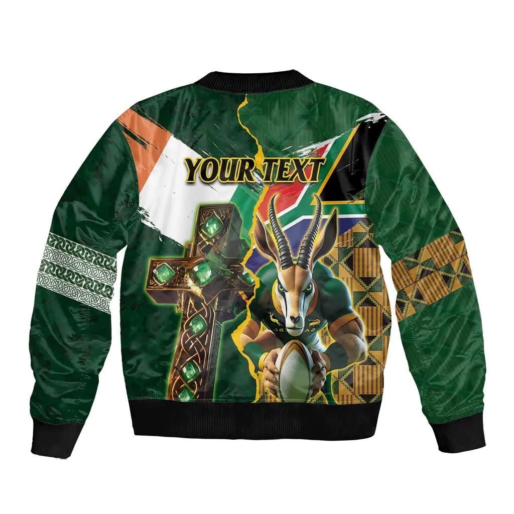 Personalized South Africa Versus Ireland Rugby Bomber Jacket - Springbok Mascot, Celtic Cross Design LT03