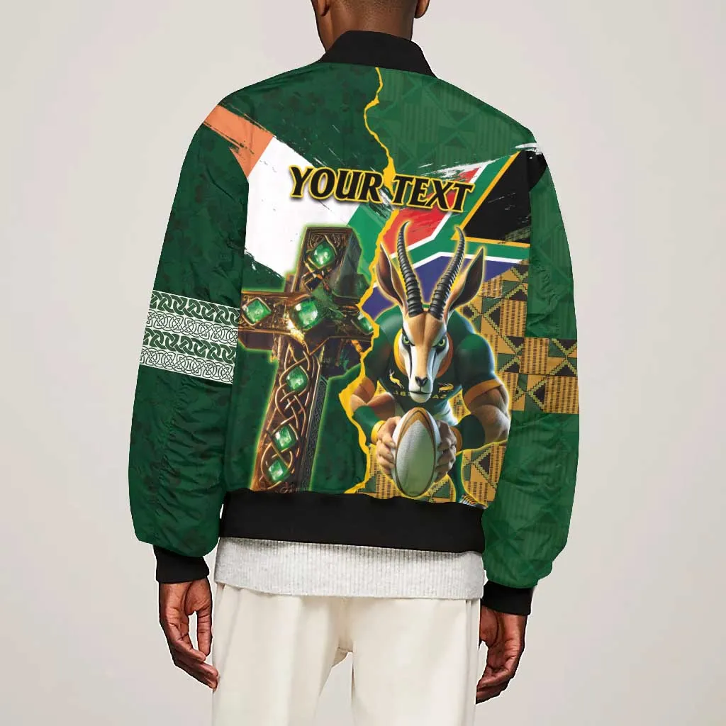 Personalized South Africa Versus Ireland Rugby Bomber Jacket - Springbok Mascot, Celtic Cross Design LT03