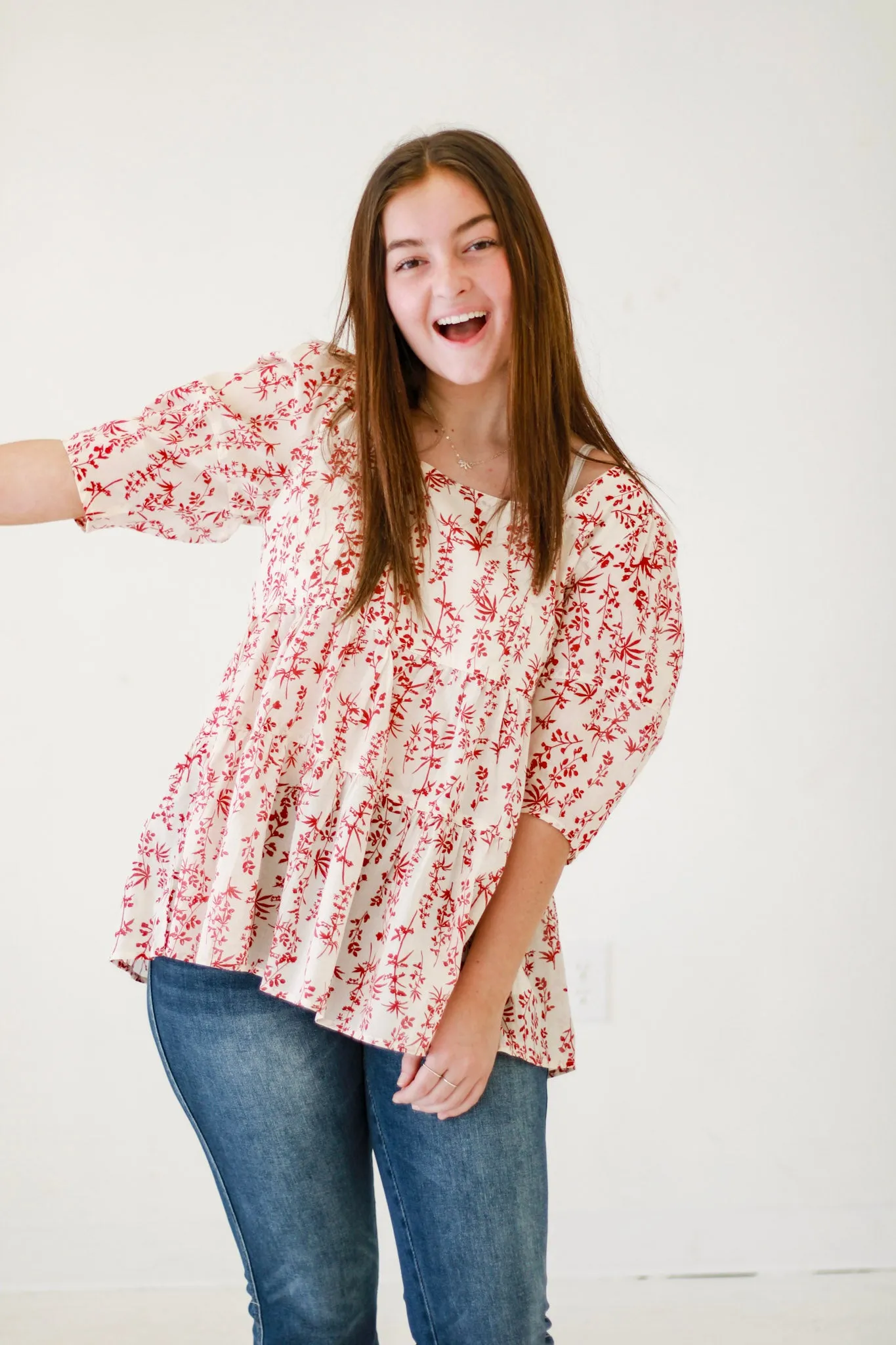 Picnic Perfection Garden Printed Cotton Voile Babydoll Top in Crimson