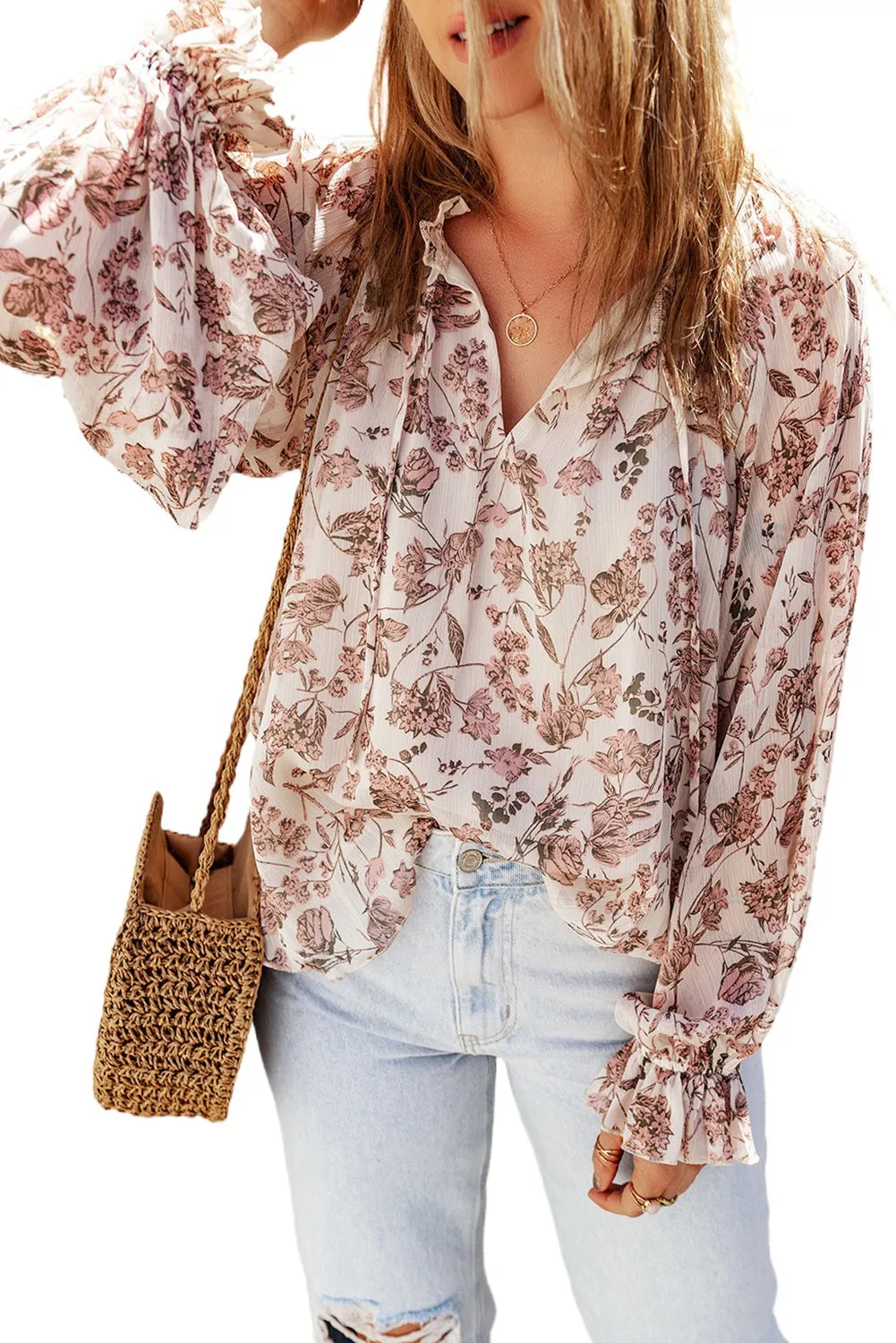 Pink Boho Floral Print Split V Neck Bubble Sleeve Blouse