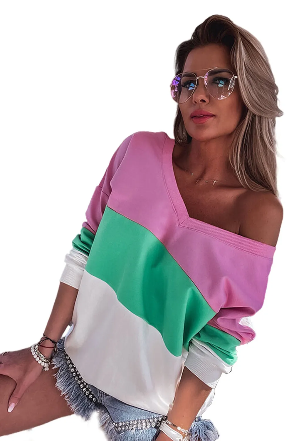 Pink Ribbed V Neck Color Block Patchwork Sweatshirt