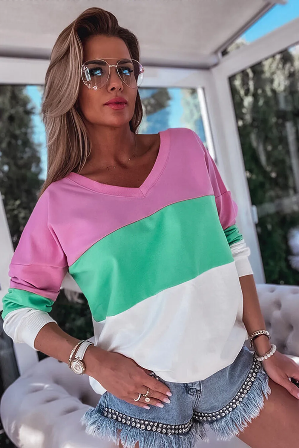 Pink Ribbed V Neck Color Block Patchwork Sweatshirt