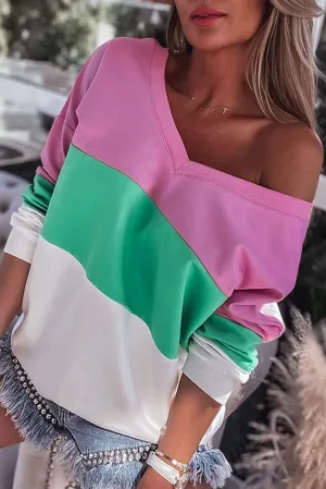 Pink Ribbed V Neck Color Block Patchwork Sweatshirt
