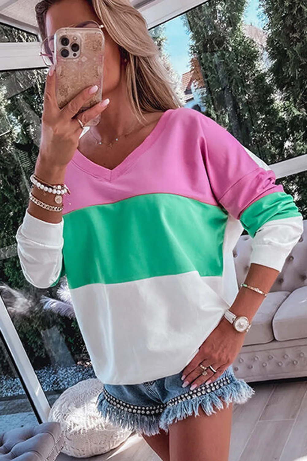 Pink Ribbed V Neck Color Block Patchwork Sweatshirt