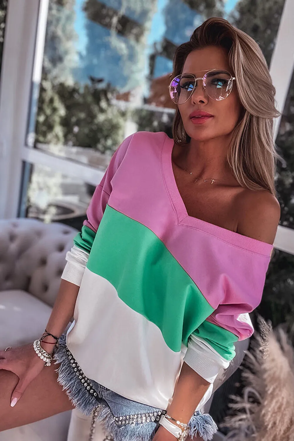 Pink Ribbed V Neck Color Block Patchwork Sweatshirt