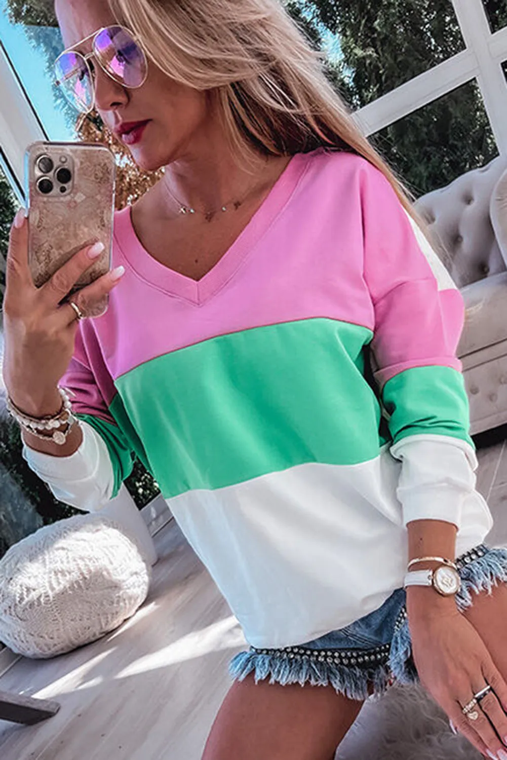 Pink Ribbed V Neck Color Block Patchwork Sweatshirt