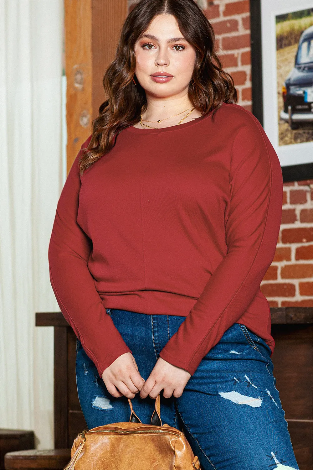 Piping Detail Plus Size Long Sleeve Top