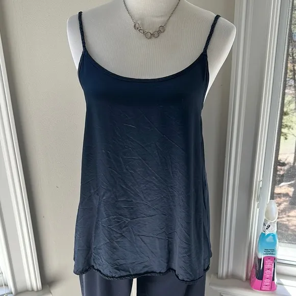 PJ Harlow Chic Navy Satin Camisole and Pants Lounge Set, Medium, VGUC