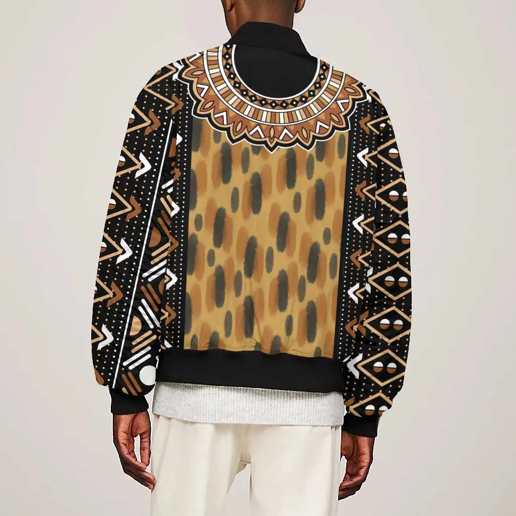 Printed Mud Cloth and Adinkra Symbol Bomber Jacket DT02