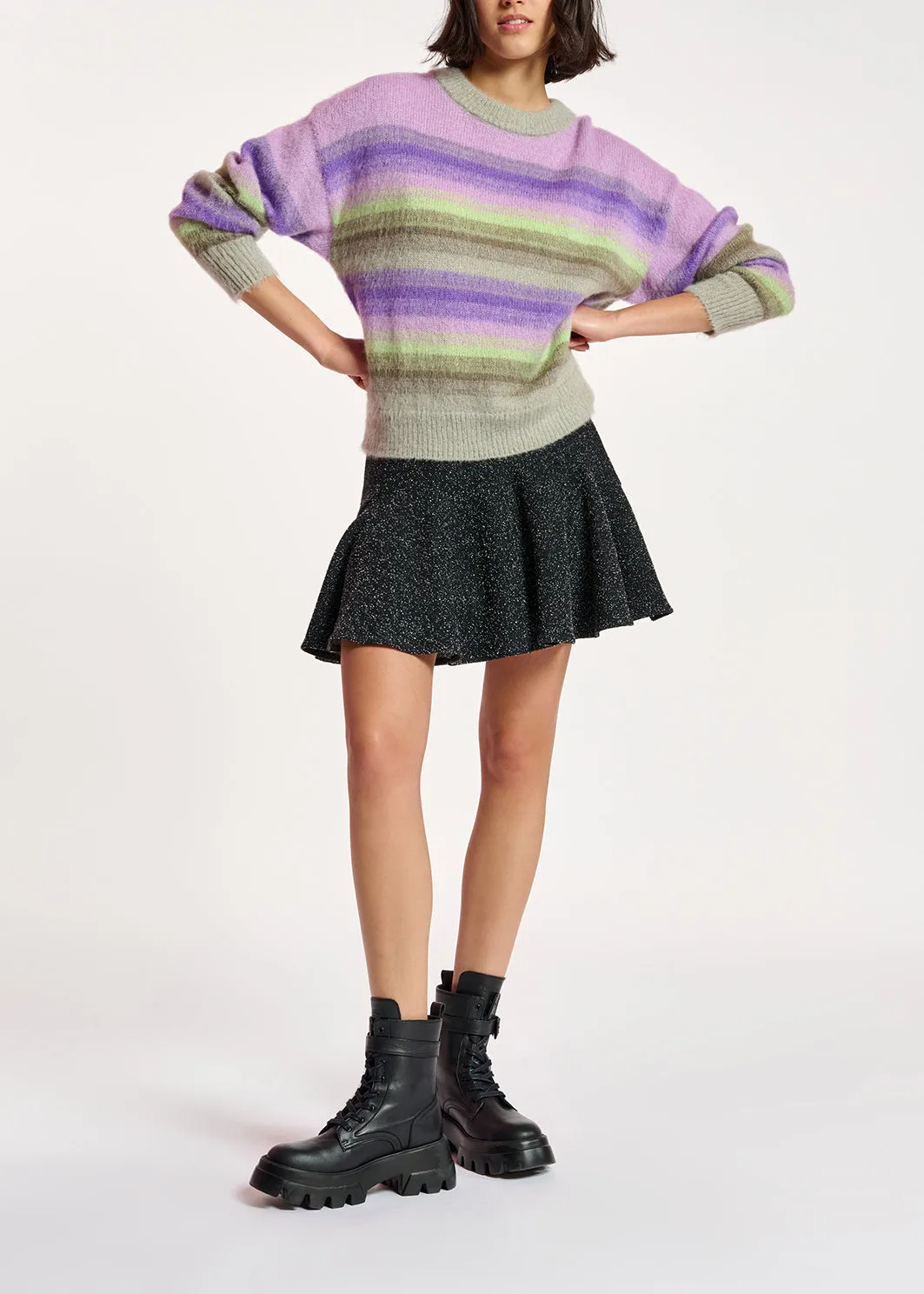 Purple, mint green and beige striped knit sweater