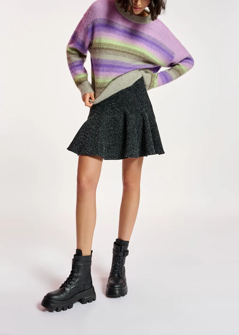 Purple, mint green and beige striped knit sweater