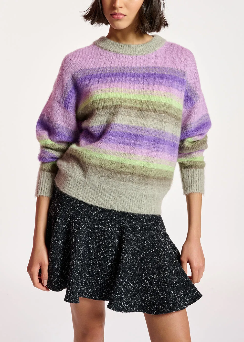 Purple, mint green and beige striped knit sweater
