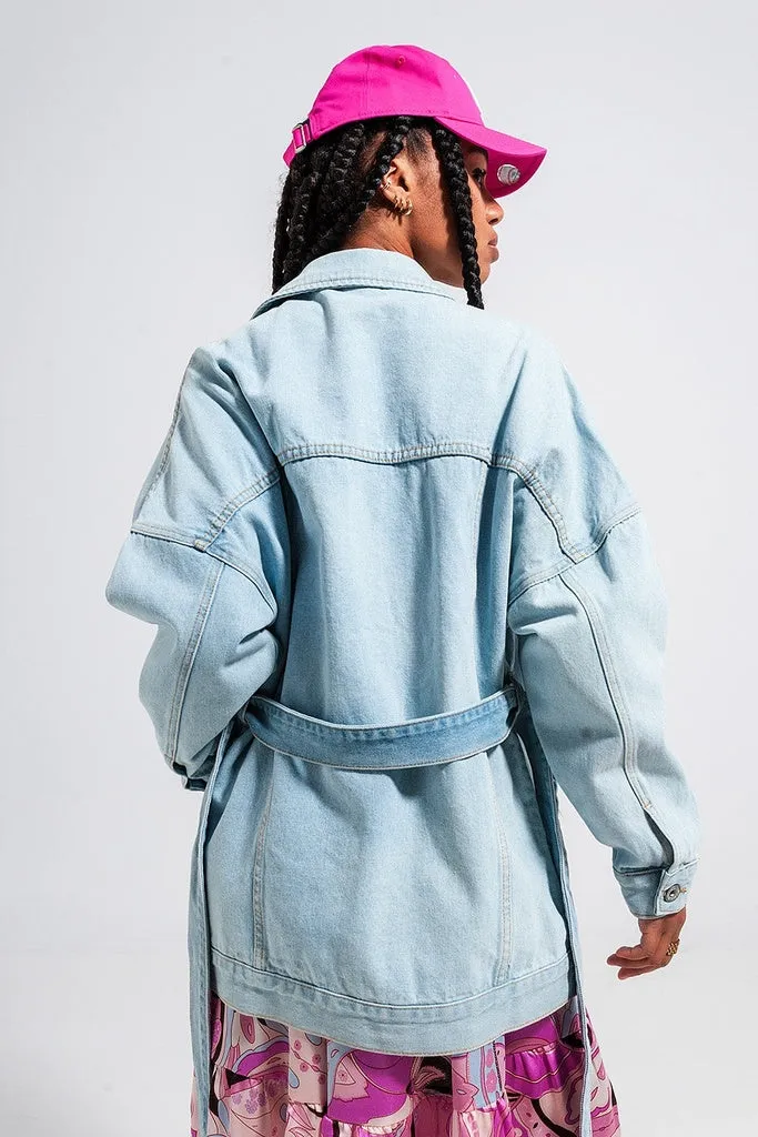 Q2 - Original Longline Denim Jacket With Belt in Light Blue Wash