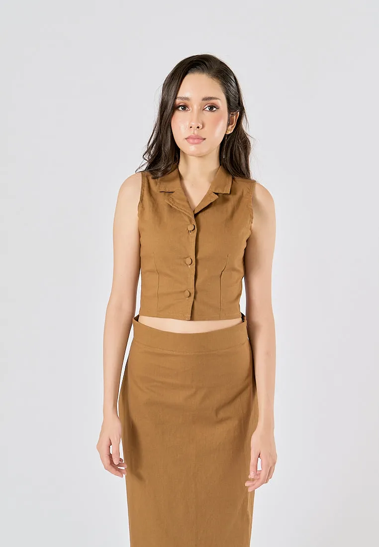 Quora Wood Brown Elastic Waist Side Zipper Midi Skirt
