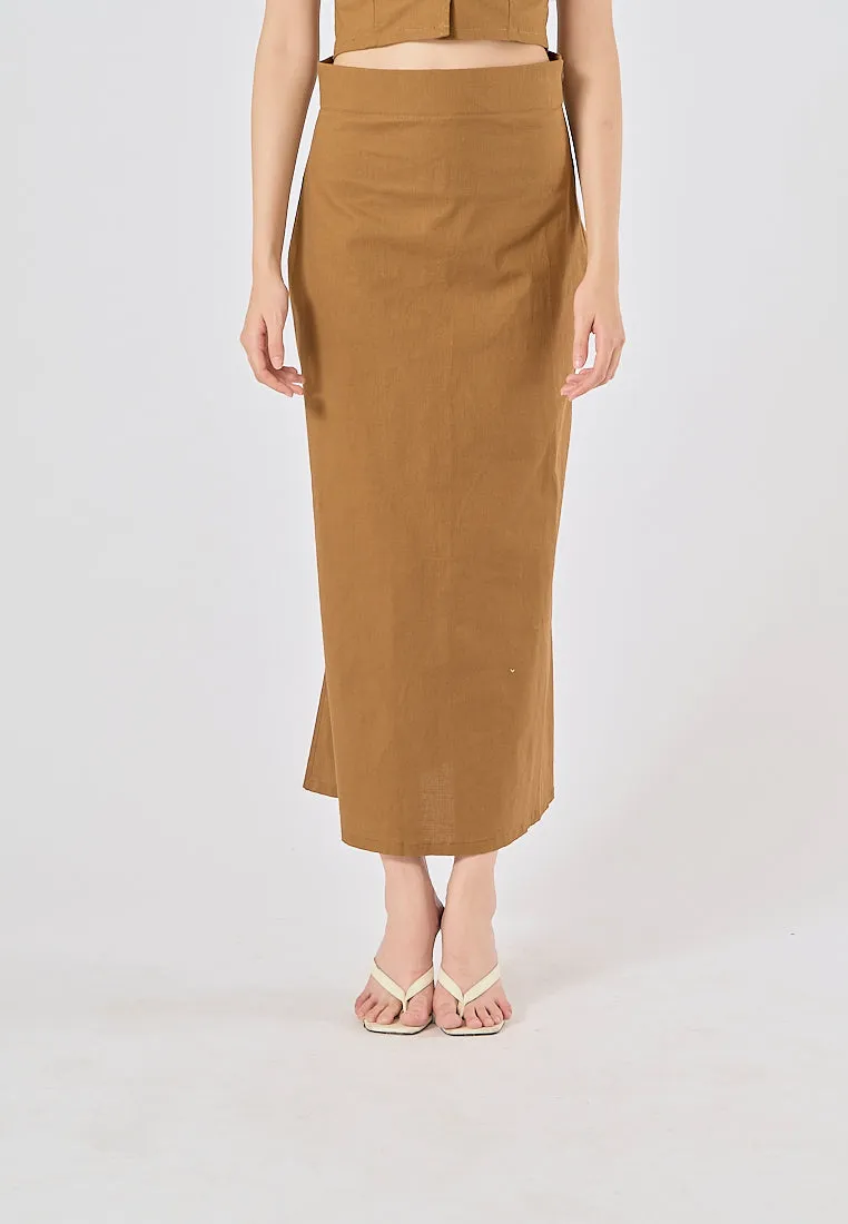 Quora Wood Brown Elastic Waist Side Zipper Midi Skirt