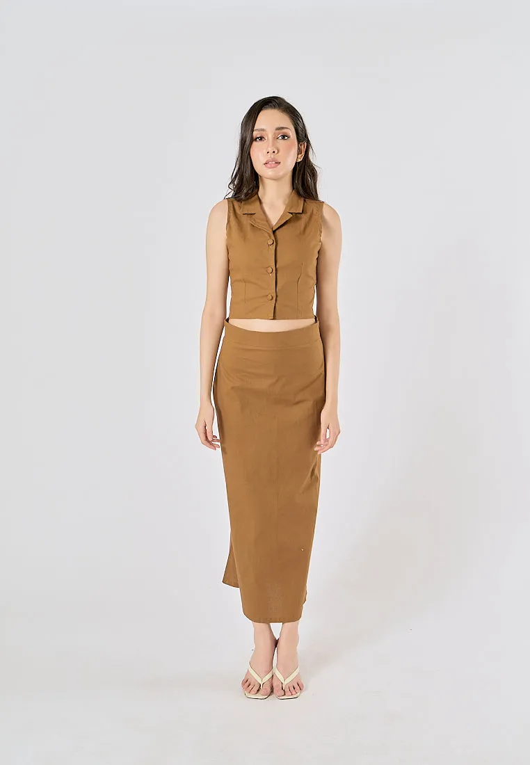 Quora Wood Brown Elastic Waist Side Zipper Midi Skirt