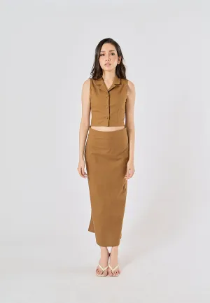 Quora Wood Brown Elastic Waist Side Zipper Midi Skirt