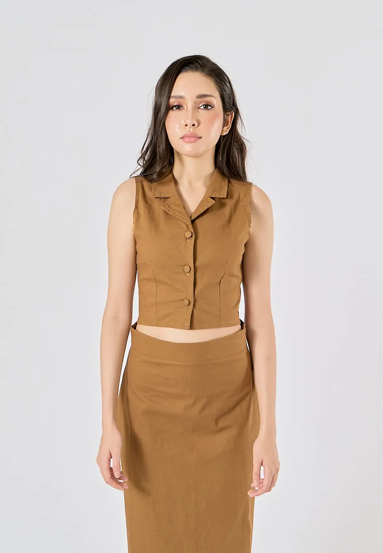Quora Wood Brown Elastic Waist Side Zipper Midi Skirt