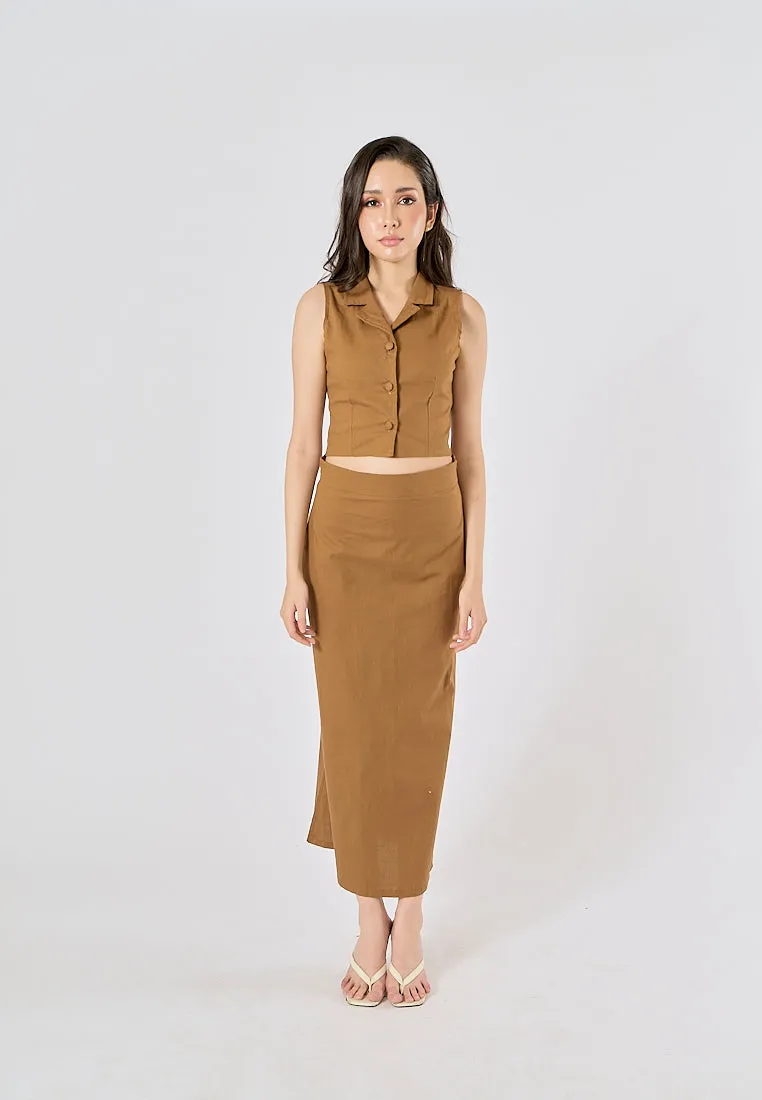 Quora Wood Brown Elastic Waist Side Zipper Midi Skirt