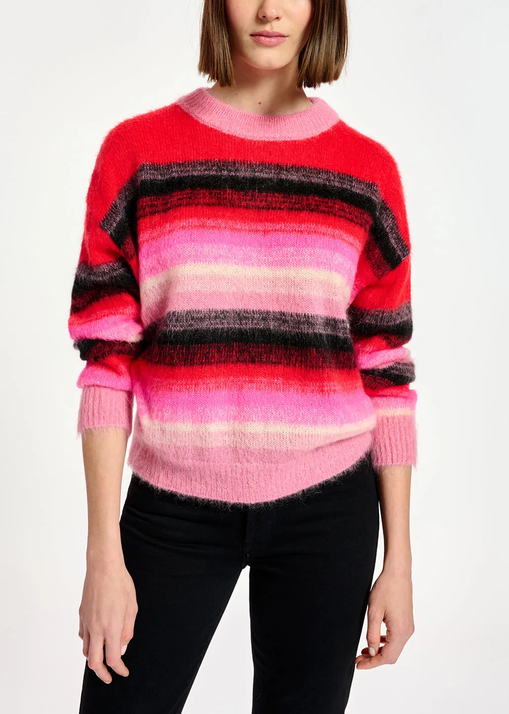 Red, pink and black striped knit sweater