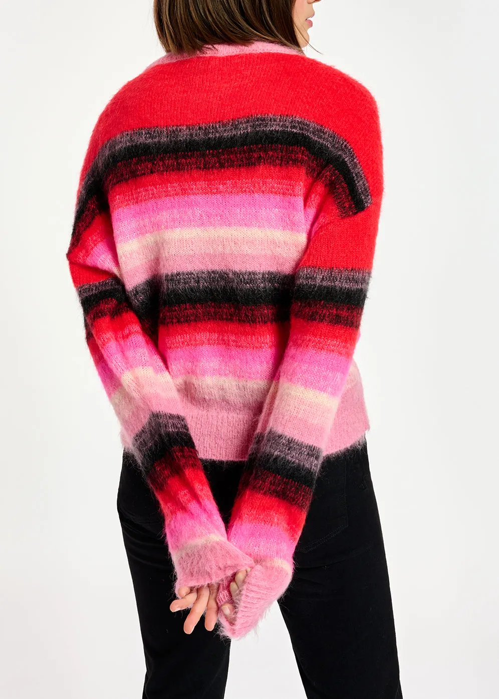 Red, pink and black striped knit sweater