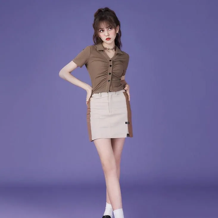 Retro brown aperture V-neck polo tops