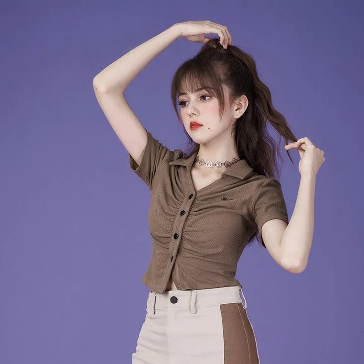 Retro brown aperture V-neck polo tops
