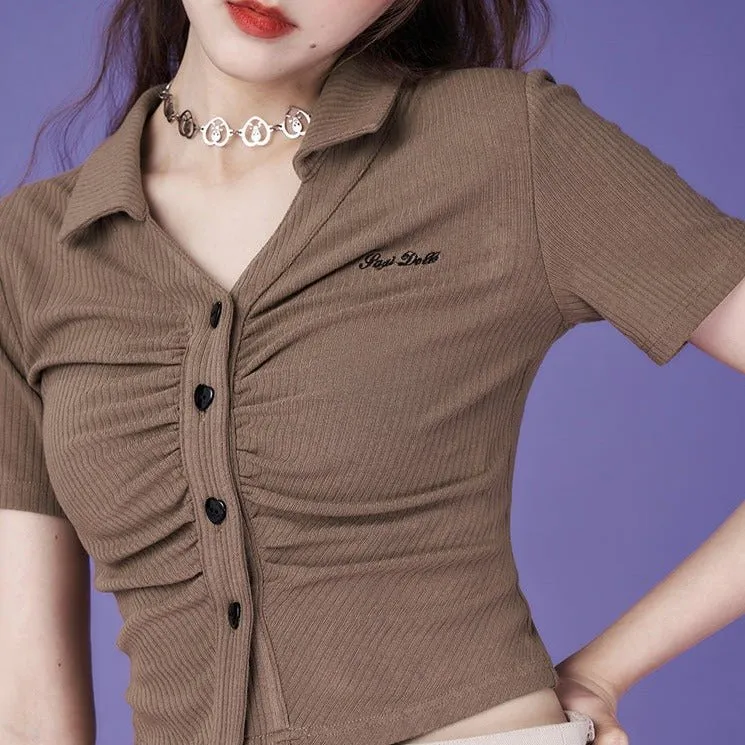 Retro brown aperture V-neck polo tops