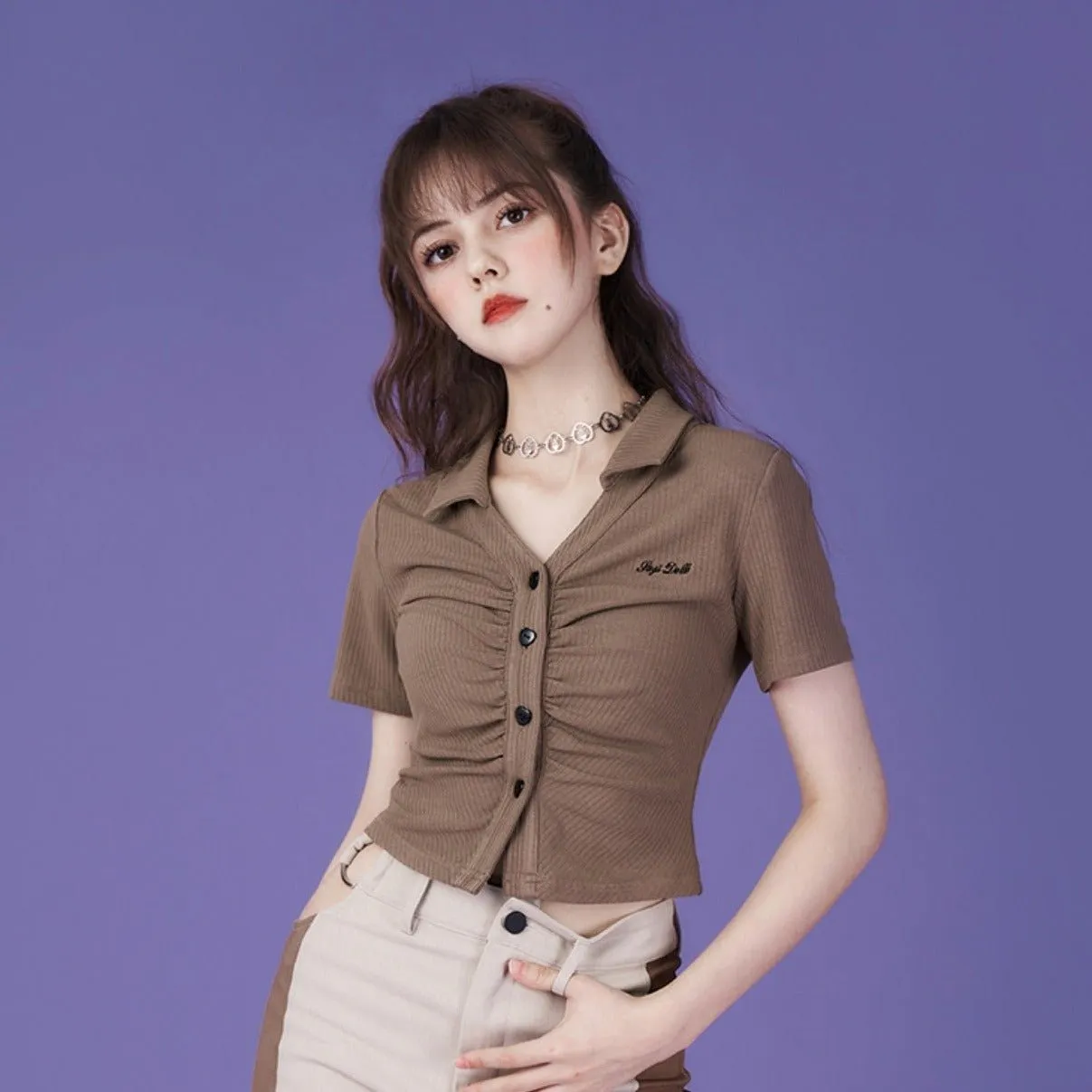 Retro brown aperture V-neck polo tops