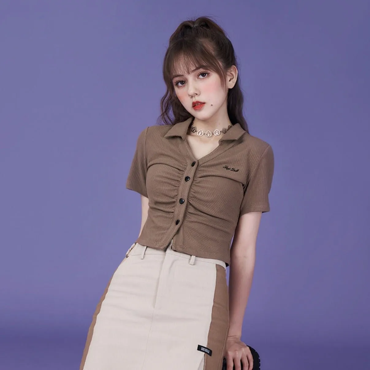 Retro brown aperture V-neck polo tops