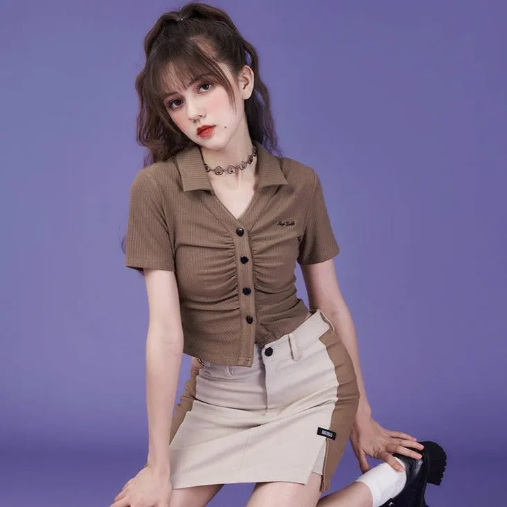 Retro brown aperture V-neck polo tops