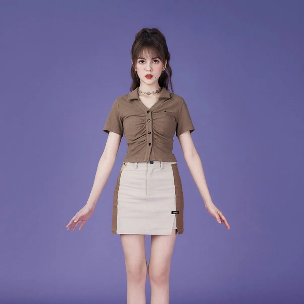 Retro brown aperture V-neck polo tops