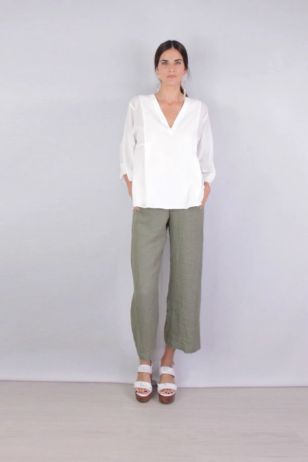Rib Trim Double V Neck Long Sleeve Popover in Optic White