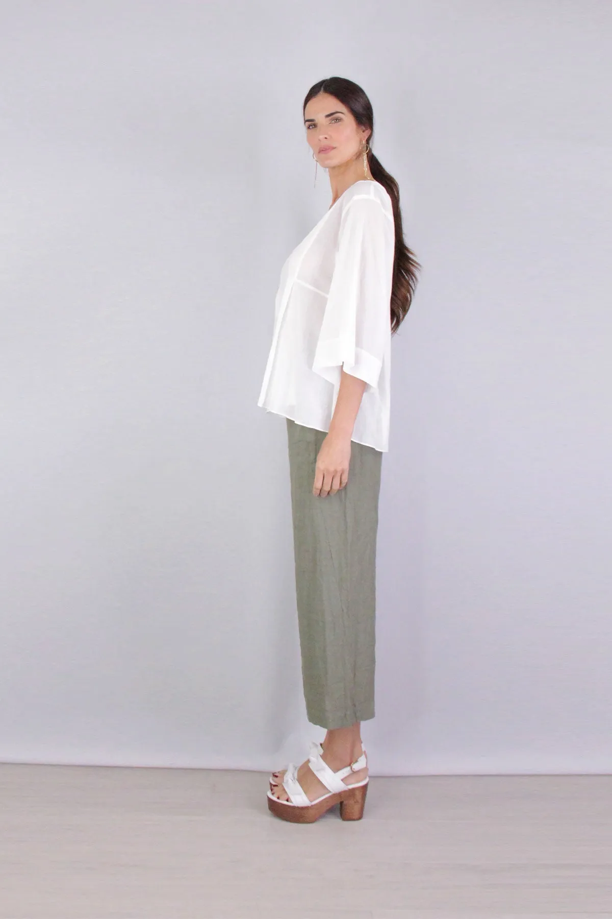 Rib Trim Double V Neck Long Sleeve Popover in Optic White