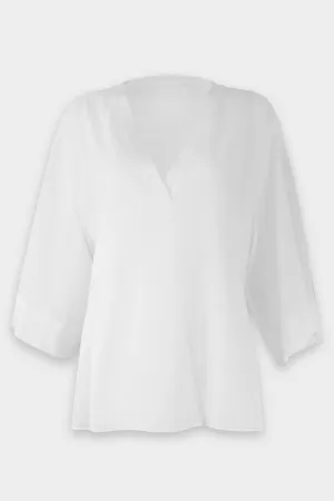 Rib Trim Double V Neck Long Sleeve Popover in Optic White