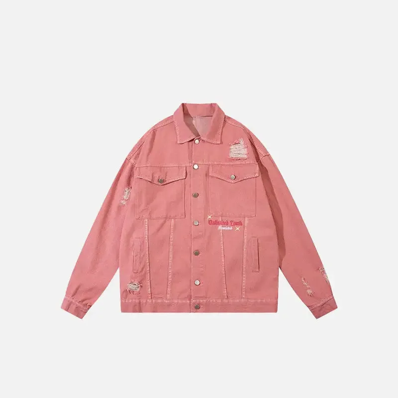 Ripped Pink Denim Jacket from the Y2K Streetwear Collection