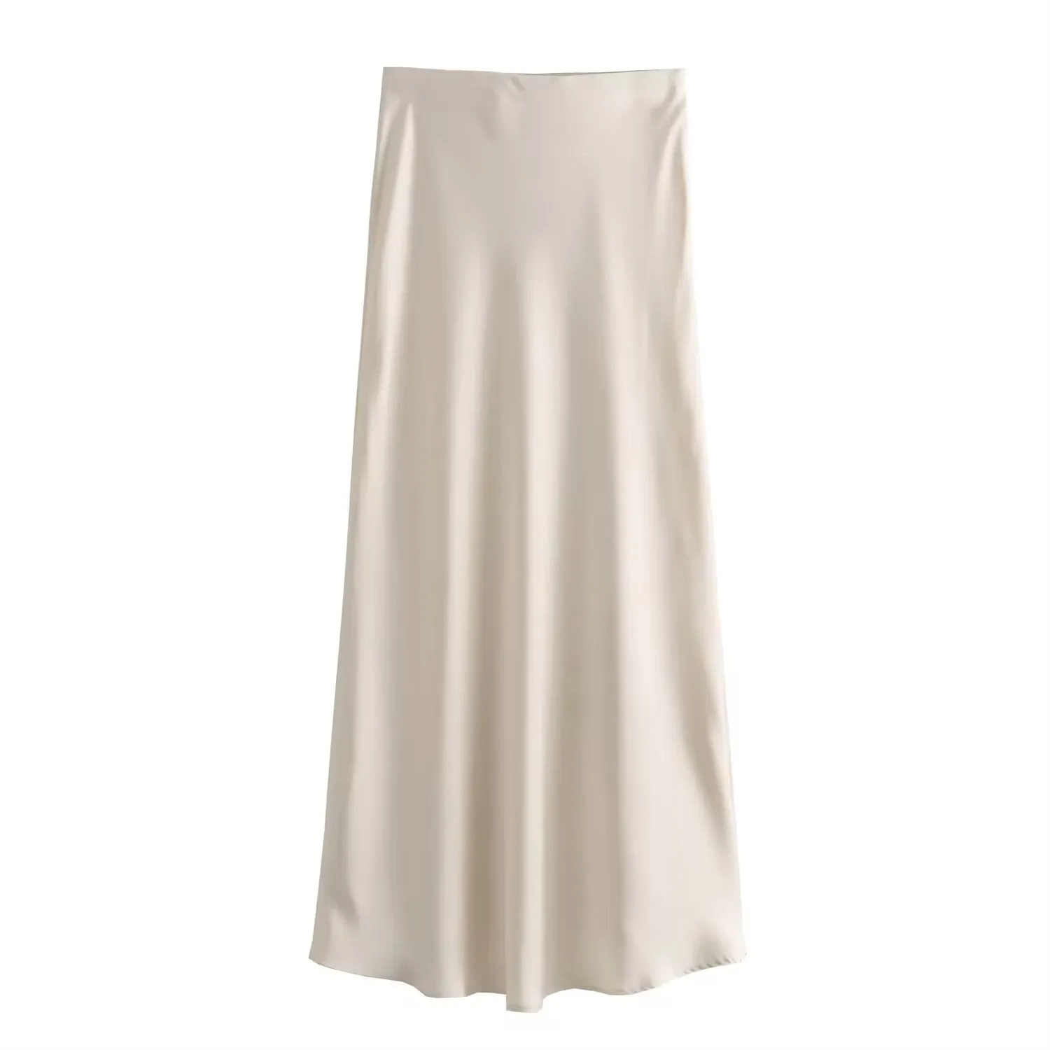 Sanity Beige Latte Satin Elastic Waist A-Line Maxi Skirt