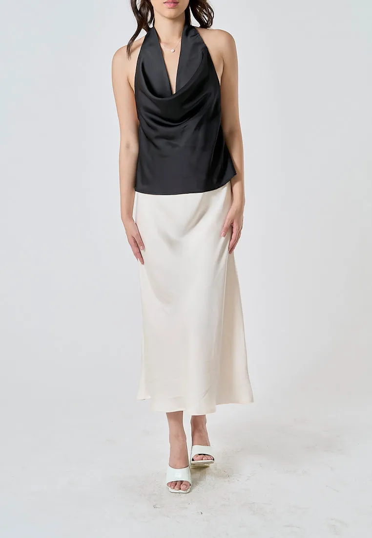 Sanity Beige Latte Satin Elastic Waist A-Line Maxi Skirt