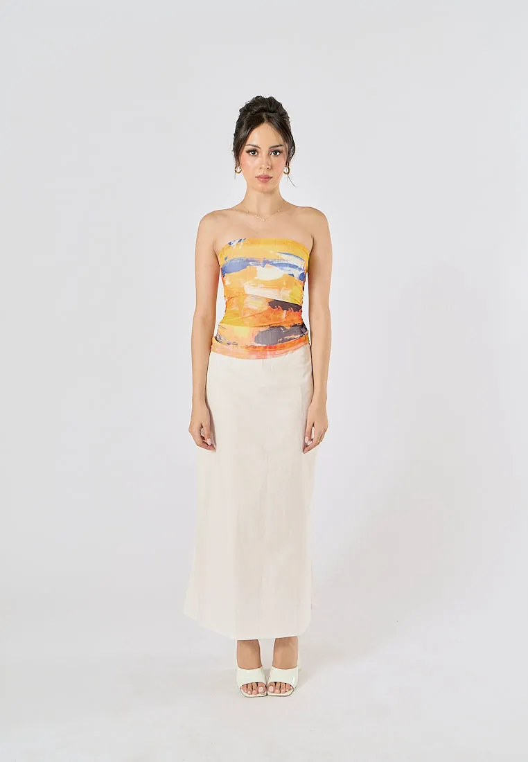 Sanity Beige Latte Satin Elastic Waist A-Line Maxi Skirt