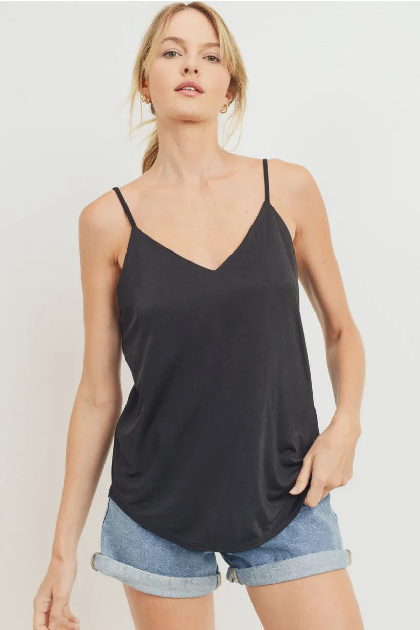 Satin Solid V Neck Sleeveless Tank Top
