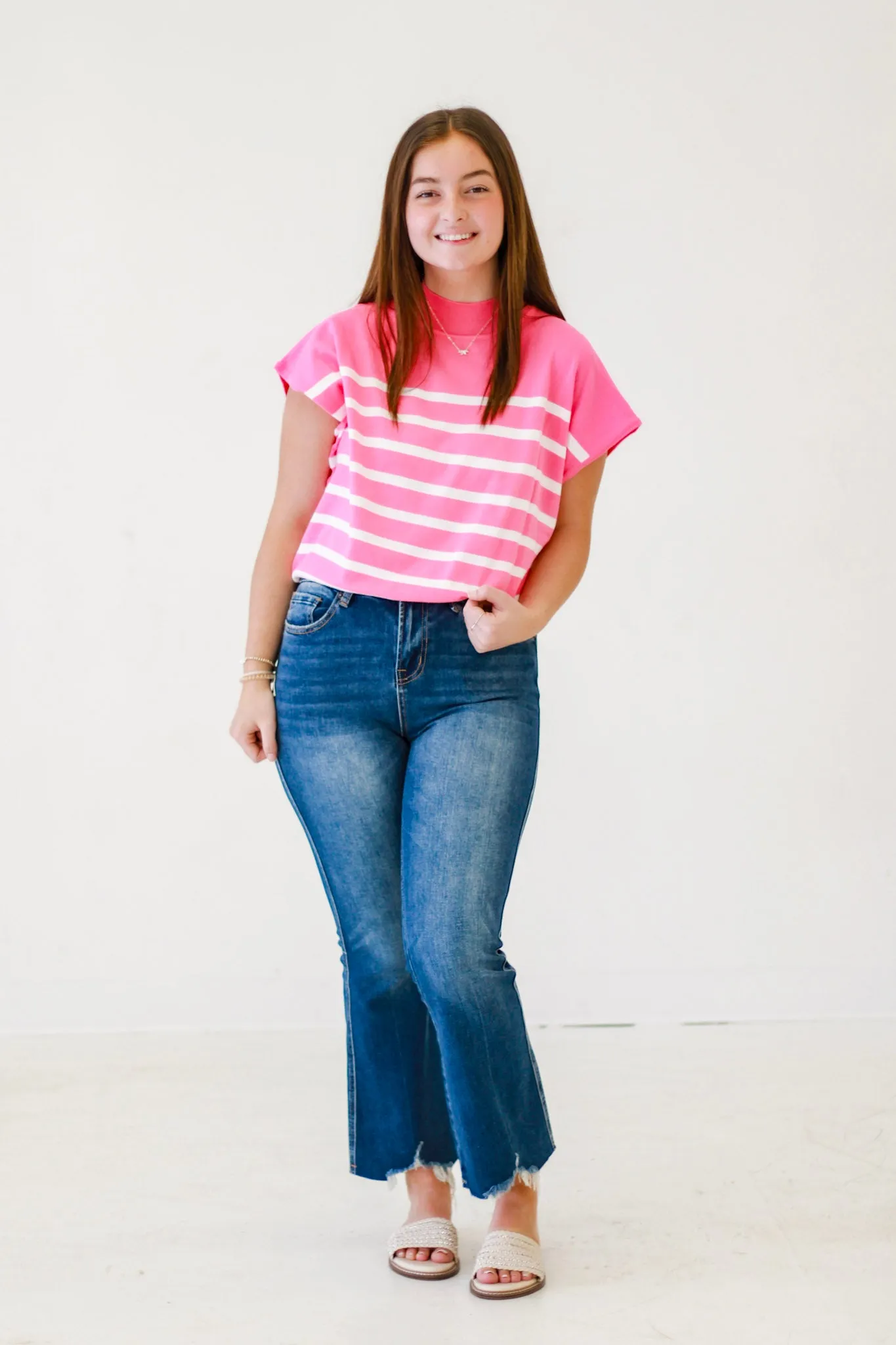 Seaside Charm Short Sleeve Striped Top in Bubble Pink/ Off White