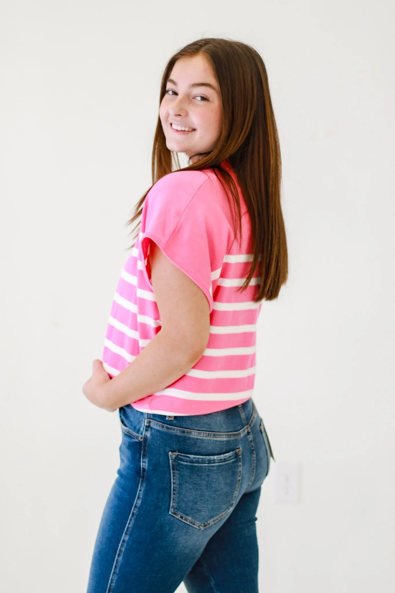Seaside Charm Short Sleeve Striped Top in Bubble Pink/ Off White
