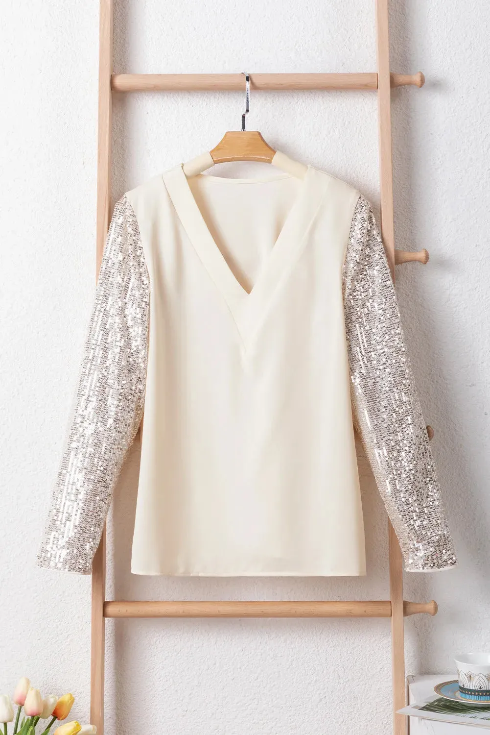 Selena Sequin V-Neck Long Sleeve Blouse