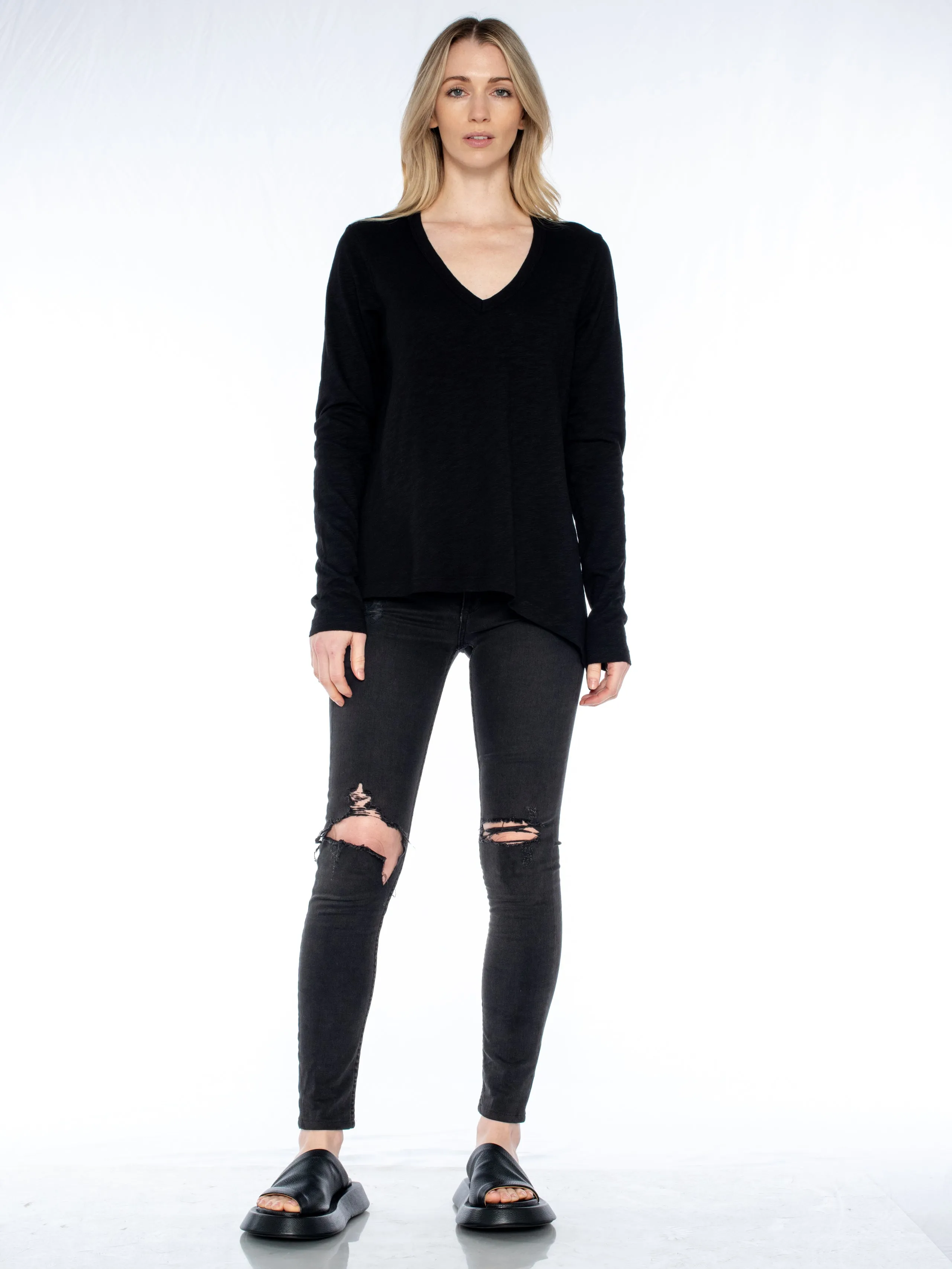 Sexy Deep V Double Slant Hem Tee