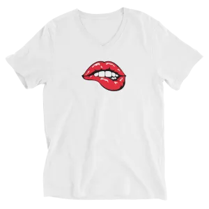 Sexy Mouth Short Sleeve V-Neck T-Shirt White
